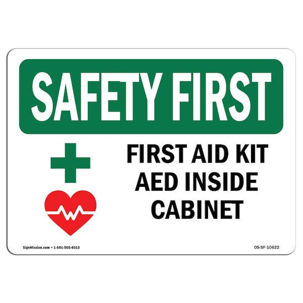 OSHA, 7" Height, Aluminum, 10" x 7", Landscape, First Aid Kit AED Inside Cabinet With Symbol